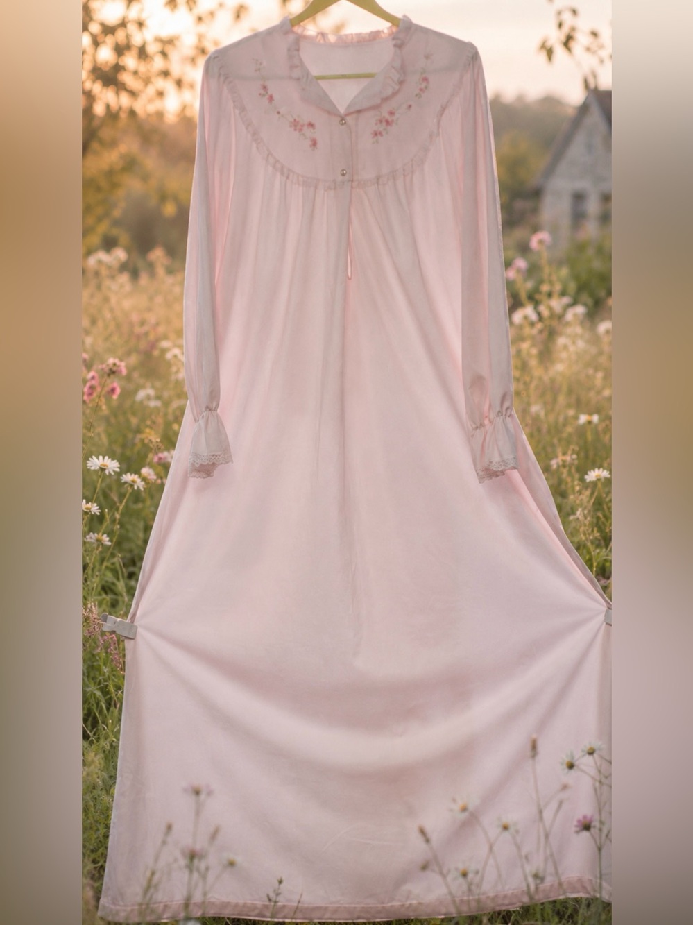 Vintage Shadowline Pink Floral Embroidered Maxi Nightgown Long Sleeve M